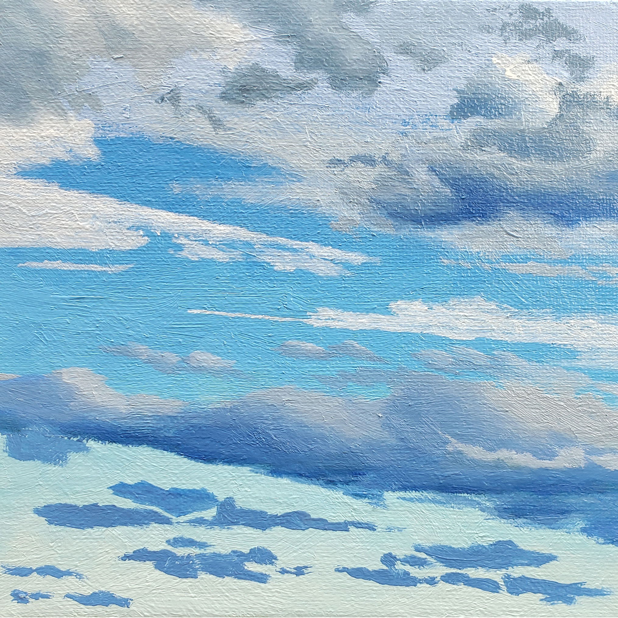 a smattering of overlapping clouds against a turquoise and mint green sky gradient