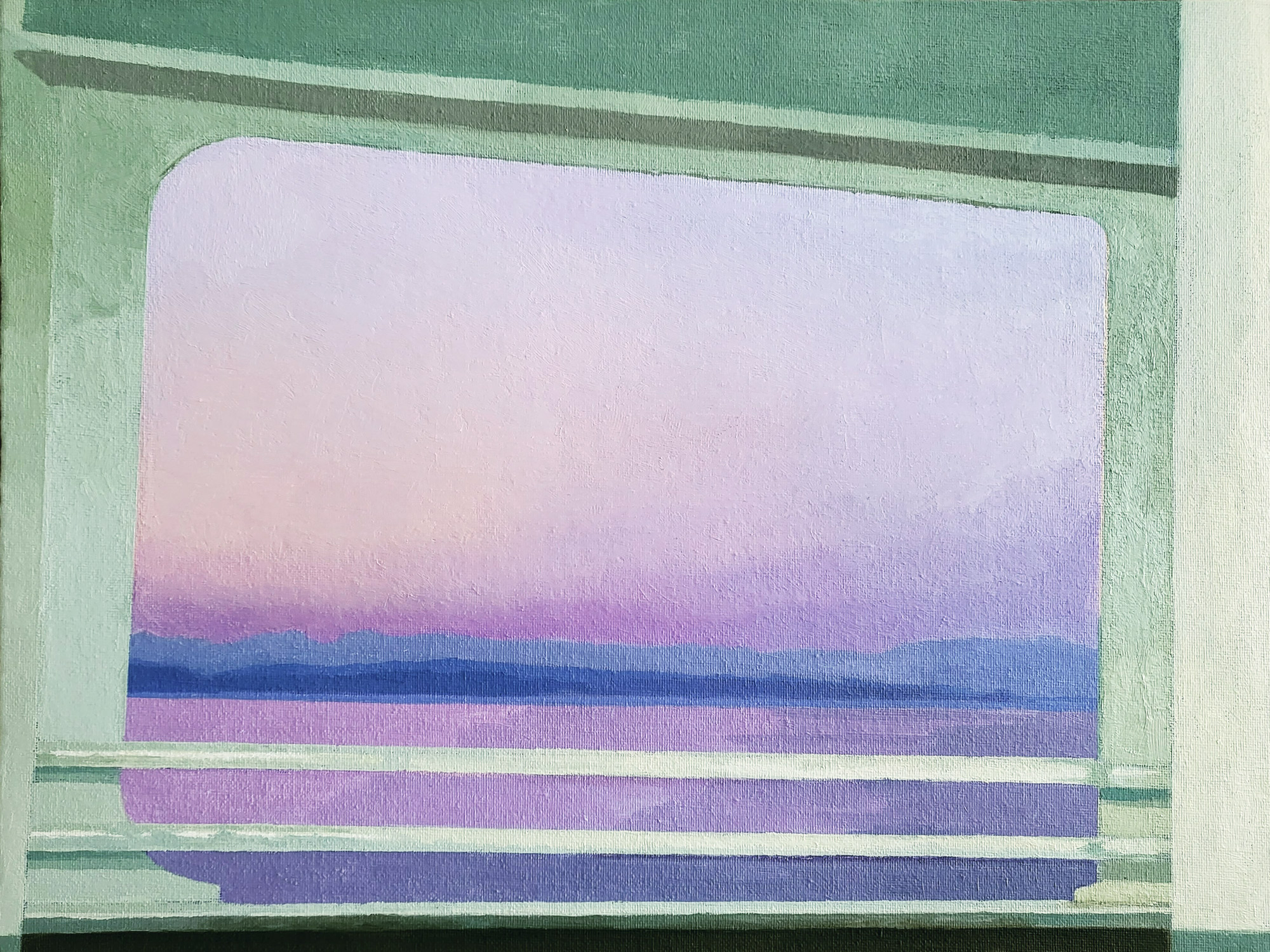 a pink and purple sunset on the water through a window on the car deck of a ferry