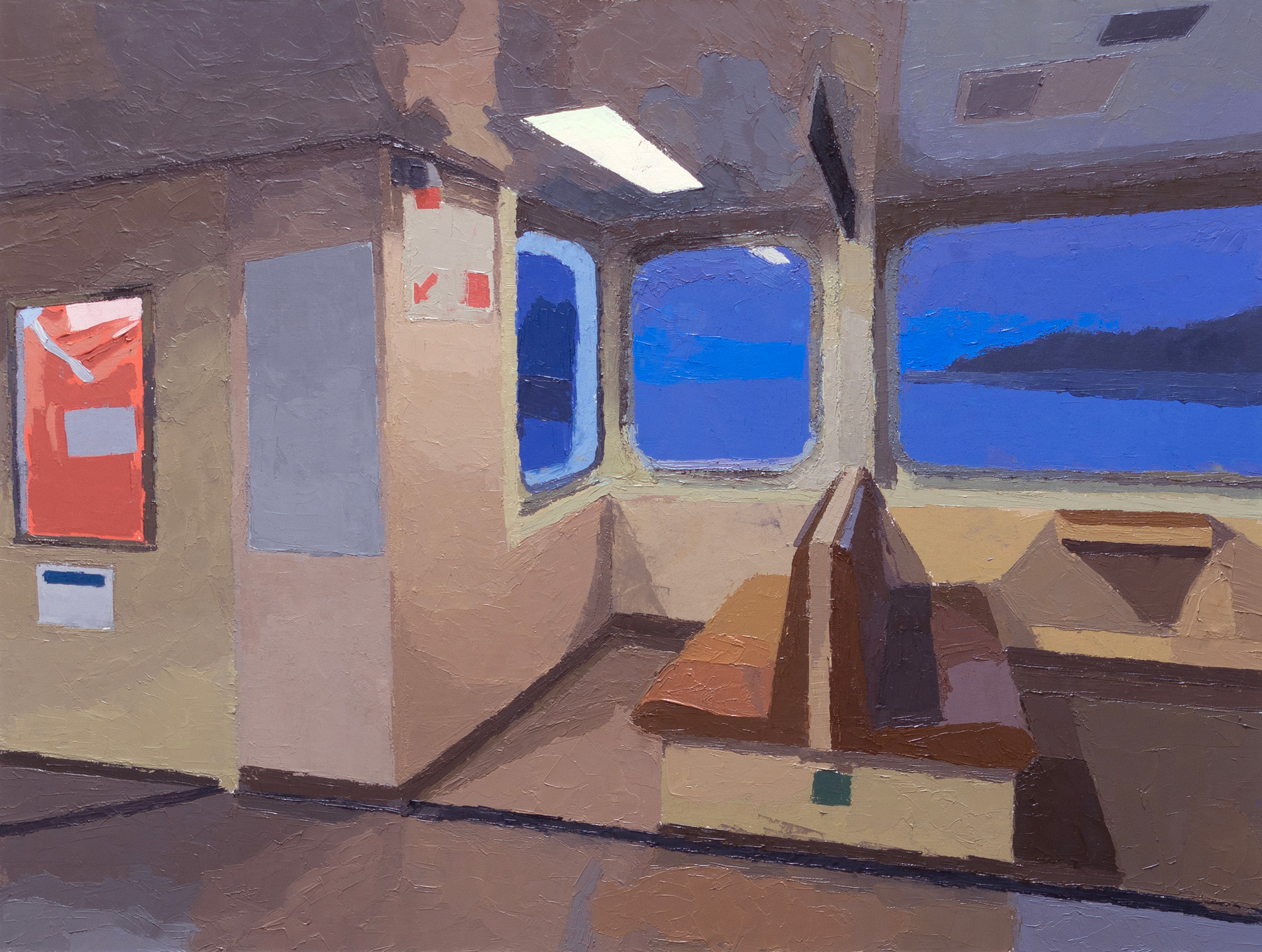 ferry booth with overhead fluorescent light and blue violet sky and water view through the window