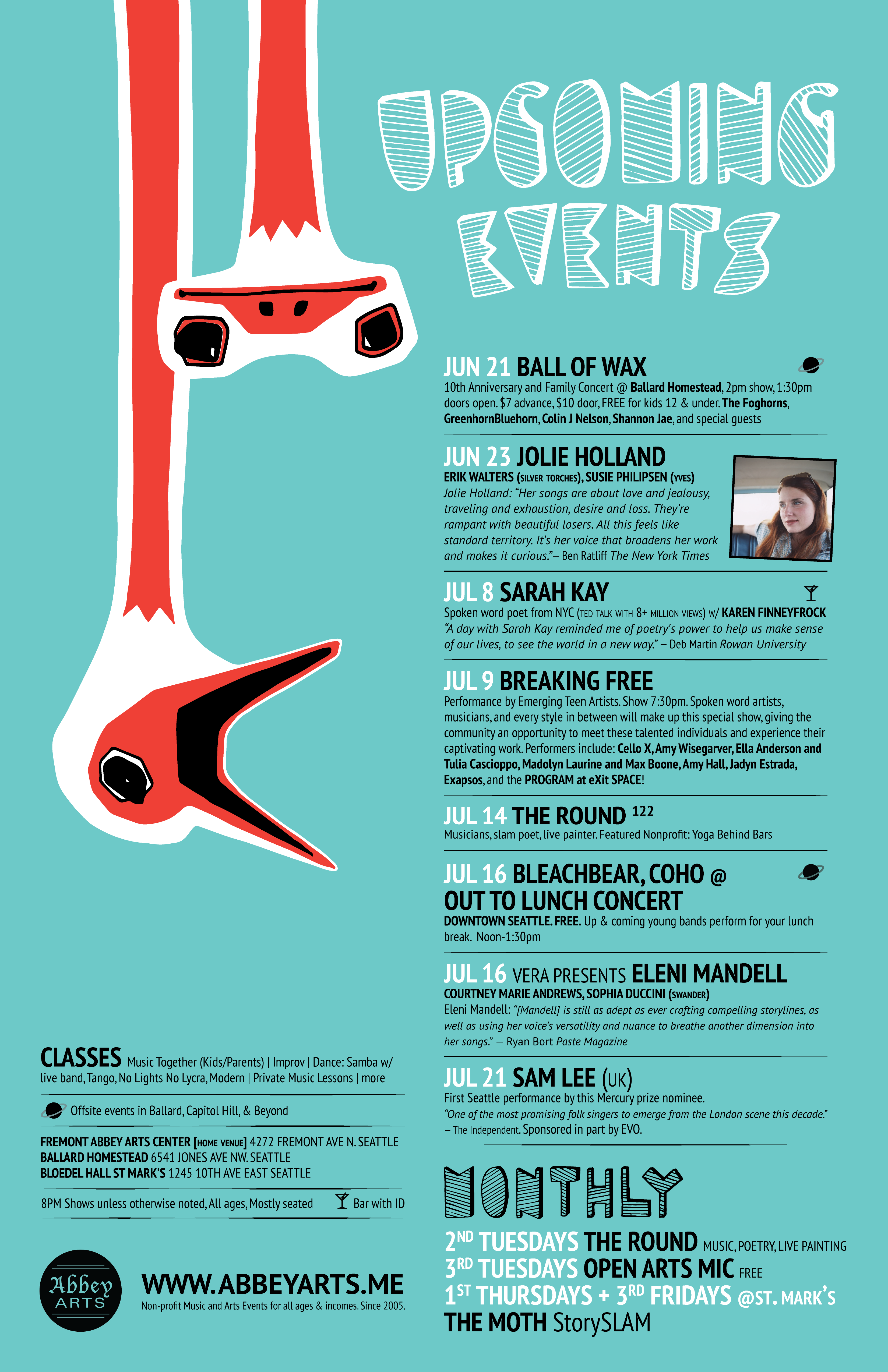 Abbey Arts Center Upcoming Events Poster