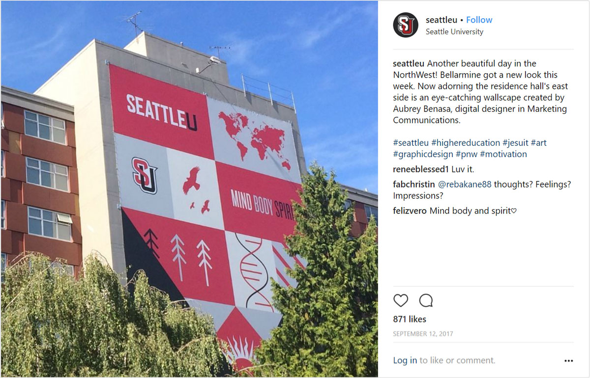 Instagram screenshot of SU Wallscape on Bellarmine Hall