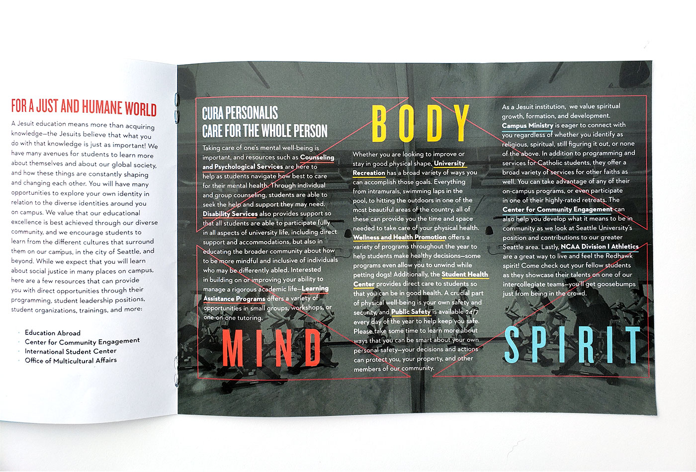Mind, body and spirit brochure layout featuring a triangle graphic motif and a background photo of students in an indoor cycling class