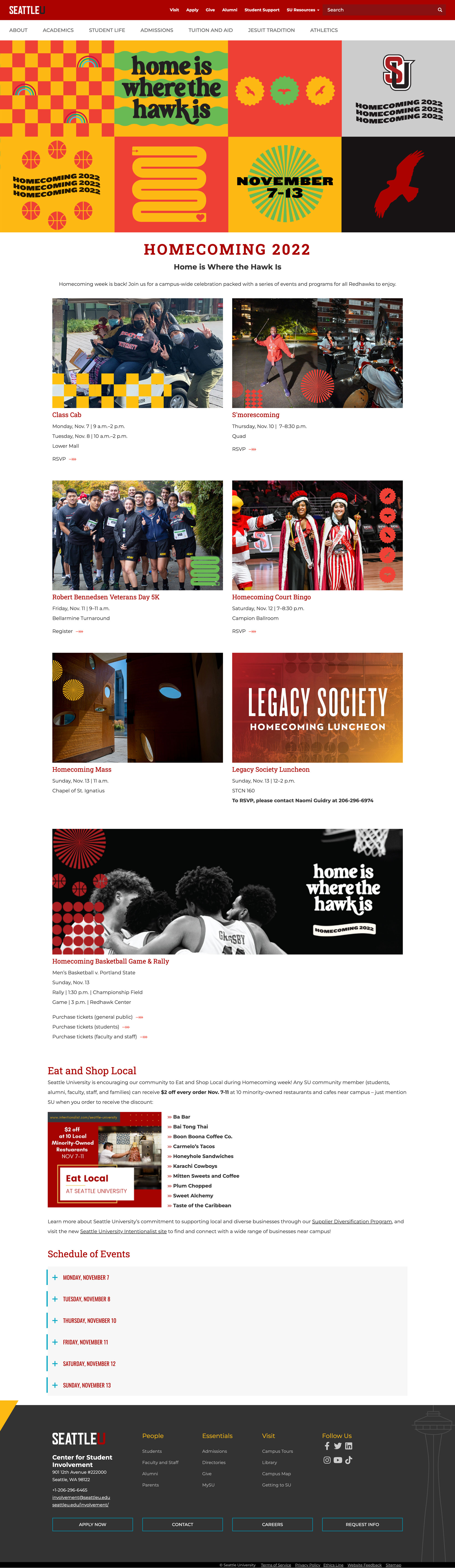 SU Homecoming landing page with colorful hero banner, image cards showcasing events, a promo area for local restaurant discounts, and an accordion-style schedule.