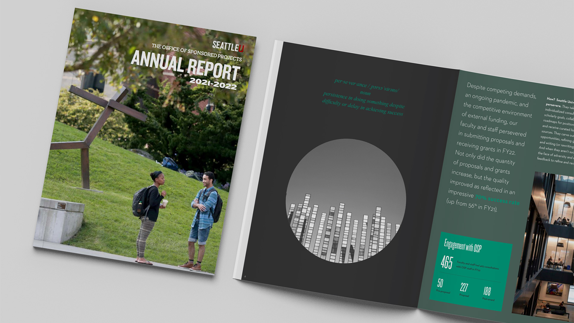 cover and spread featuring campus Running Man sculpture art and more